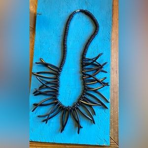 Statement necklace black w barrel clasp spiky ethnic shell looking 22”
